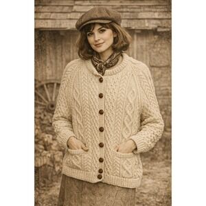 Cable Knit Wool Cardigan Sweater Button Front Vintage Fisherman Aran Cardigan